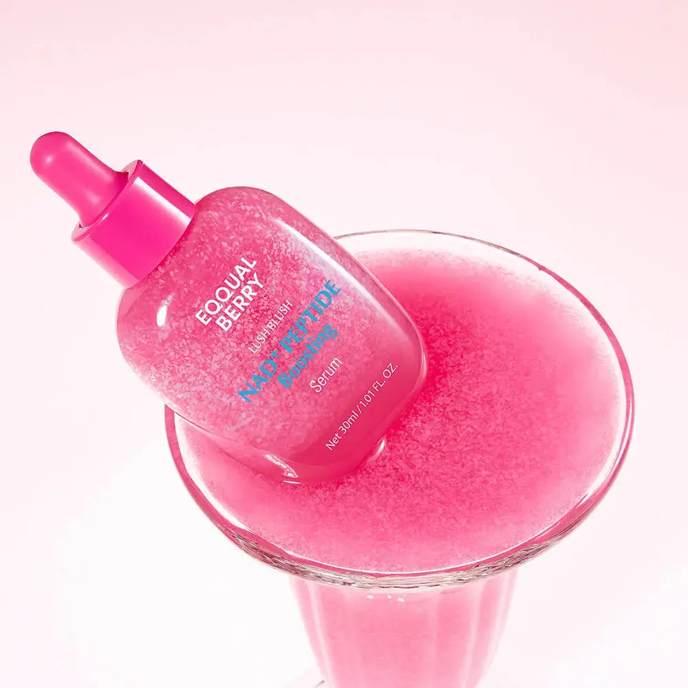 EQQUALBERRY Lush Blush NAD+ Peptide Boosting Serum 30ml, clear glass bottle with a pump dispenser and vibrant pink label.