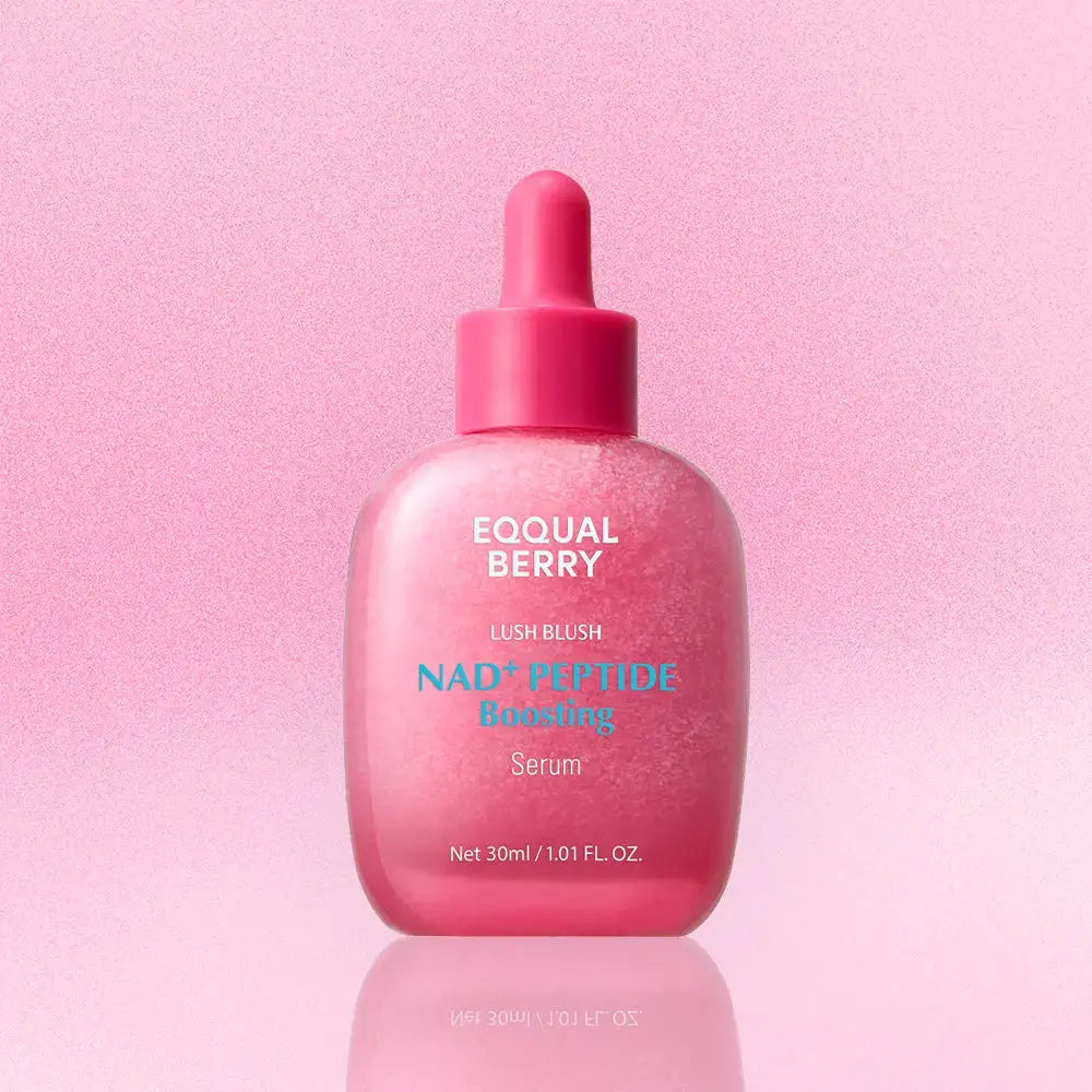 EQQUALBERRY Lush Blush NAD+ Peptide Boosting Serum 30ml bottle with sleek packaging, highlighting skincare benefits and branding.