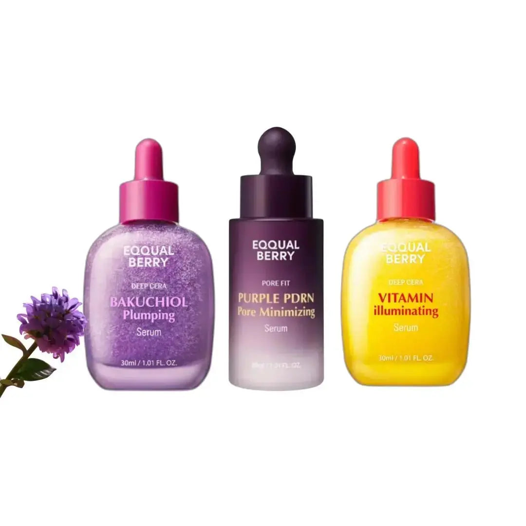 EQQUALBERRY Power Trio serum set featuring plump, minimize, and glow serums in sleek bottles on a clean background.