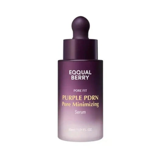 EQQUALBERRY Purple PDRN Pore Minimizing Serum in 30ml bottle, featuring a sleek purple packaging and serum dropper.