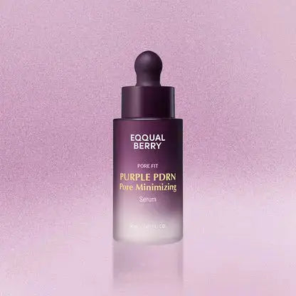 EQQUALBERRY Purple PDRN Pore Minimizing Serum 30ml showing the purple bottle and label with product details.