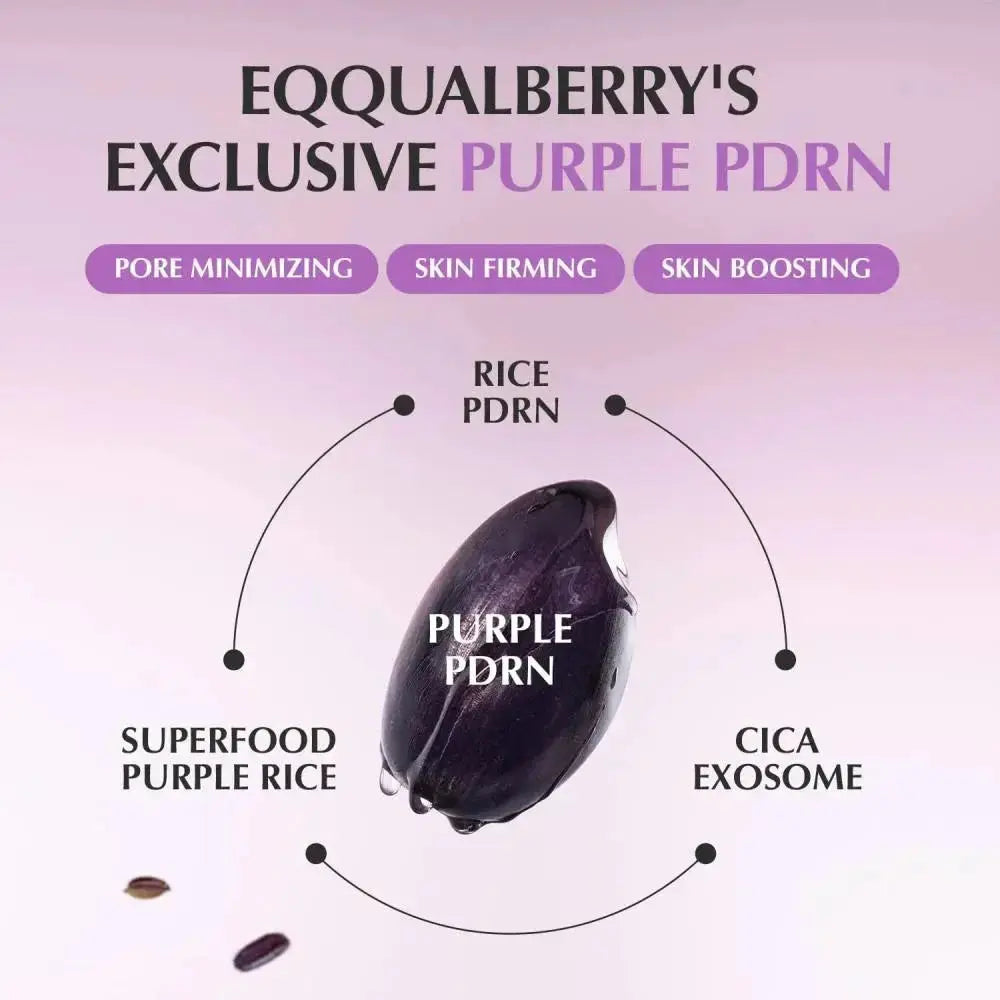 EQQUALBERRY Purple PDRN Pore Minimizing Serum 30ml, showcasing the purple bottle and serum applicator on a clean background.