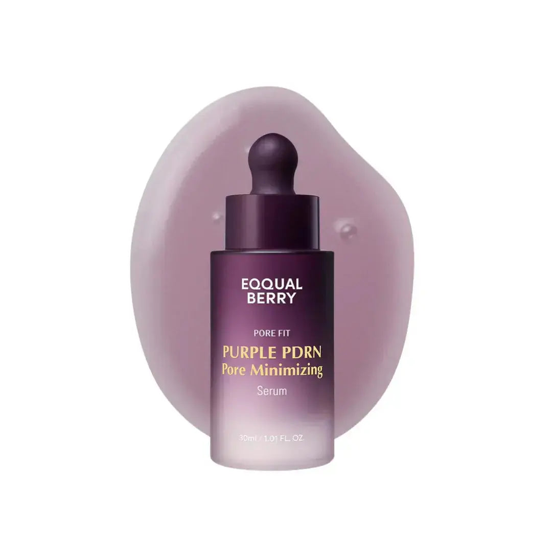 EQQUALBERRY Purple PDRN Serum in a 30ml bottle, designed to minimize pores and improve skin texture naturally.