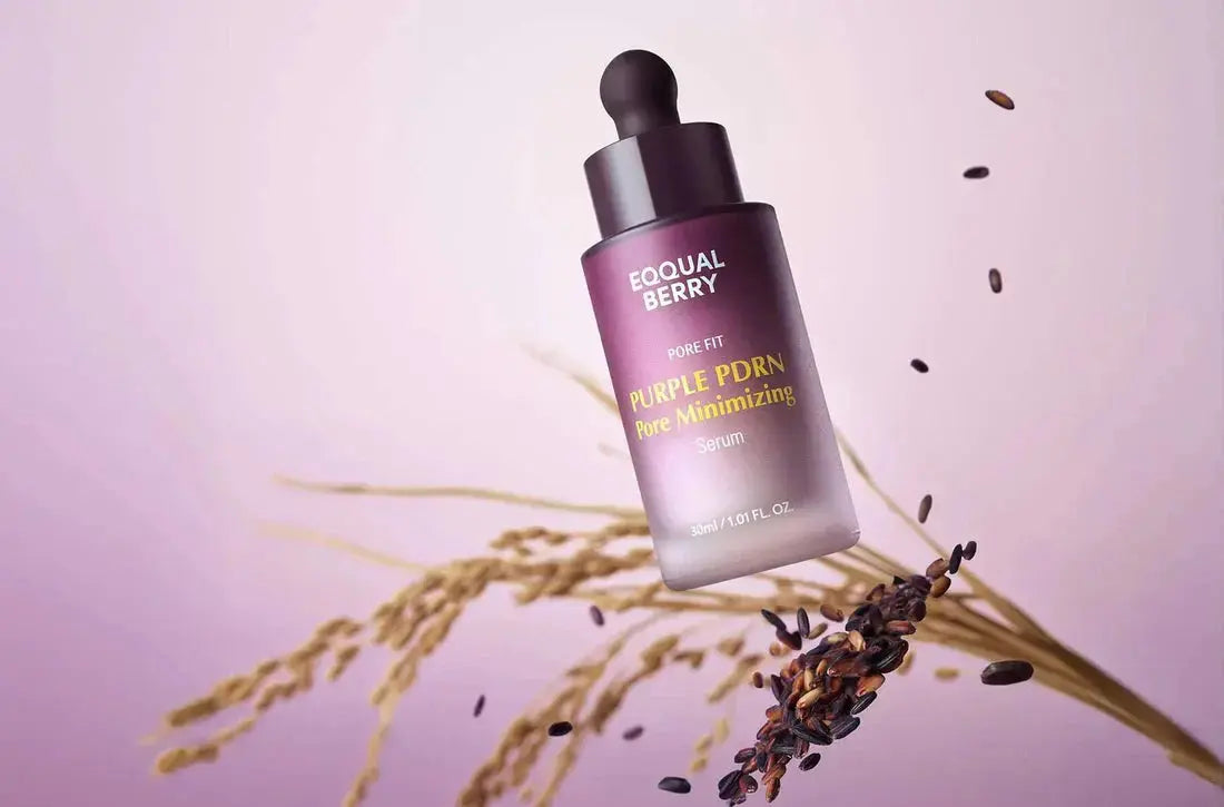 EQQUALBERRY Purple PDRN Pore Minimizing Serum in 30ml bottle, featuring a sleek purple packaging and serum dropper cap.