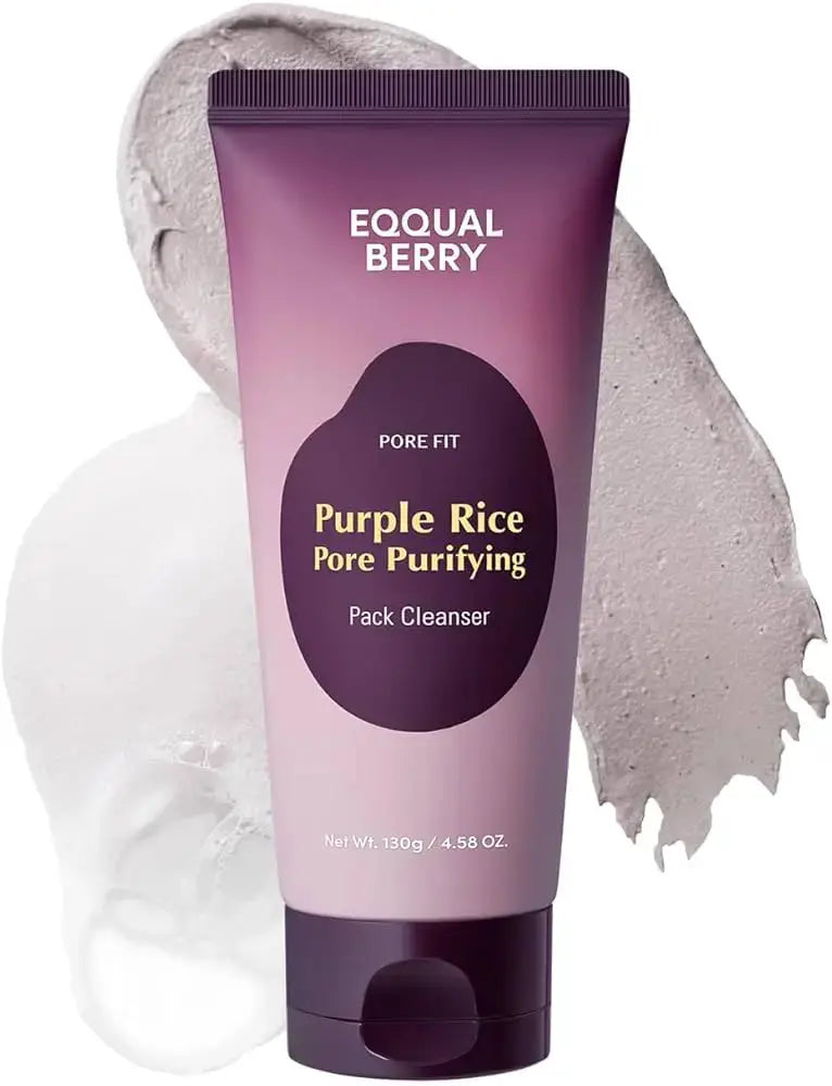 EQQUALBERRY Purple Rice Pore Purifying Pack Cleanser, 130g, in a jar with purple rice ingredients and a clean, smooth texture