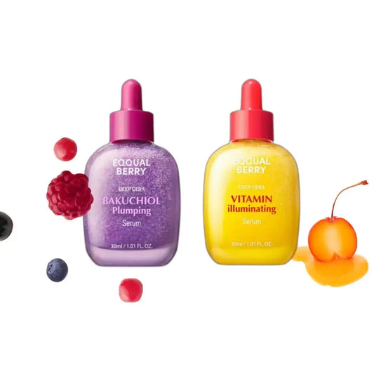 EQQUALBERRY Radiance Duo featuring plump and glow serums, with sleek bottles and vibrant labels on a white background.