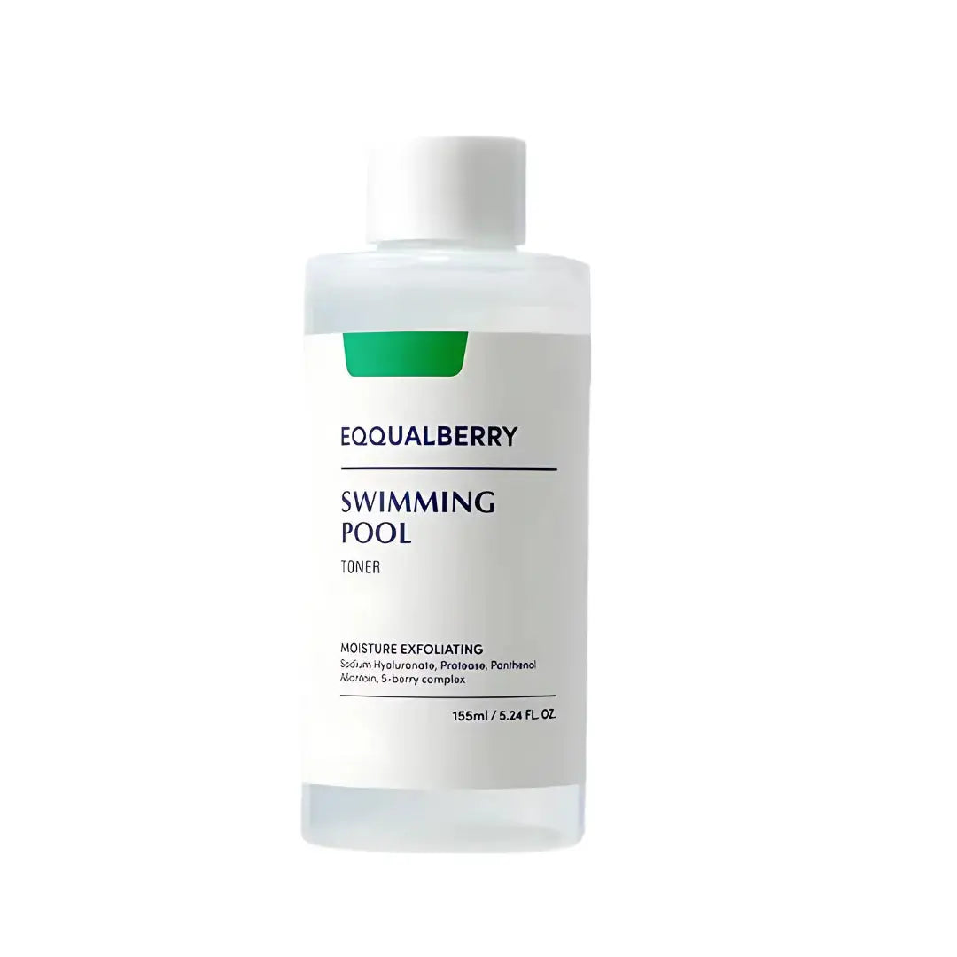 EQQUALBERRY swimming pool toner in a 155 ml bottle, used for maintaining water clarity and quality in pools.