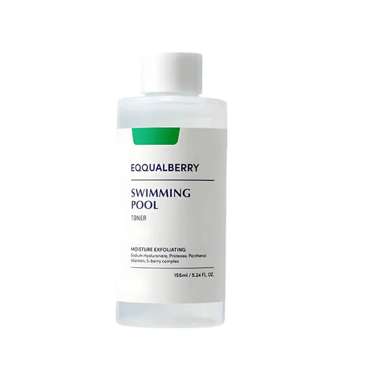 EQQUALBERRY swimming pool toner in a 155 ml bottle, used for maintaining water clarity and quality in pools.