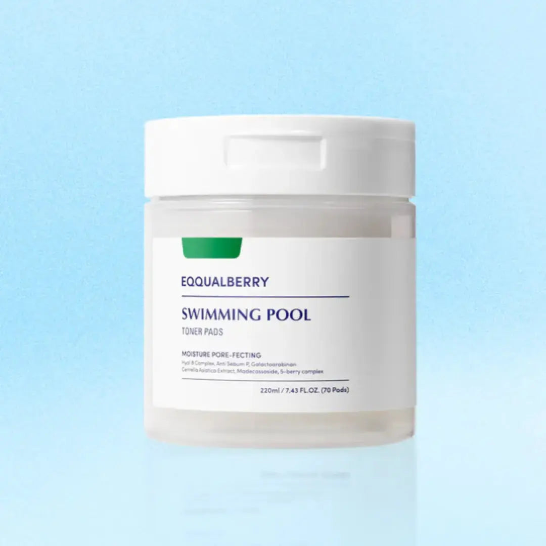 EQQUALBERRY Vegan Swimming Pool Toner Pads, 70 count, 220 ml, with toner pads shown in a container for pool water treatment.