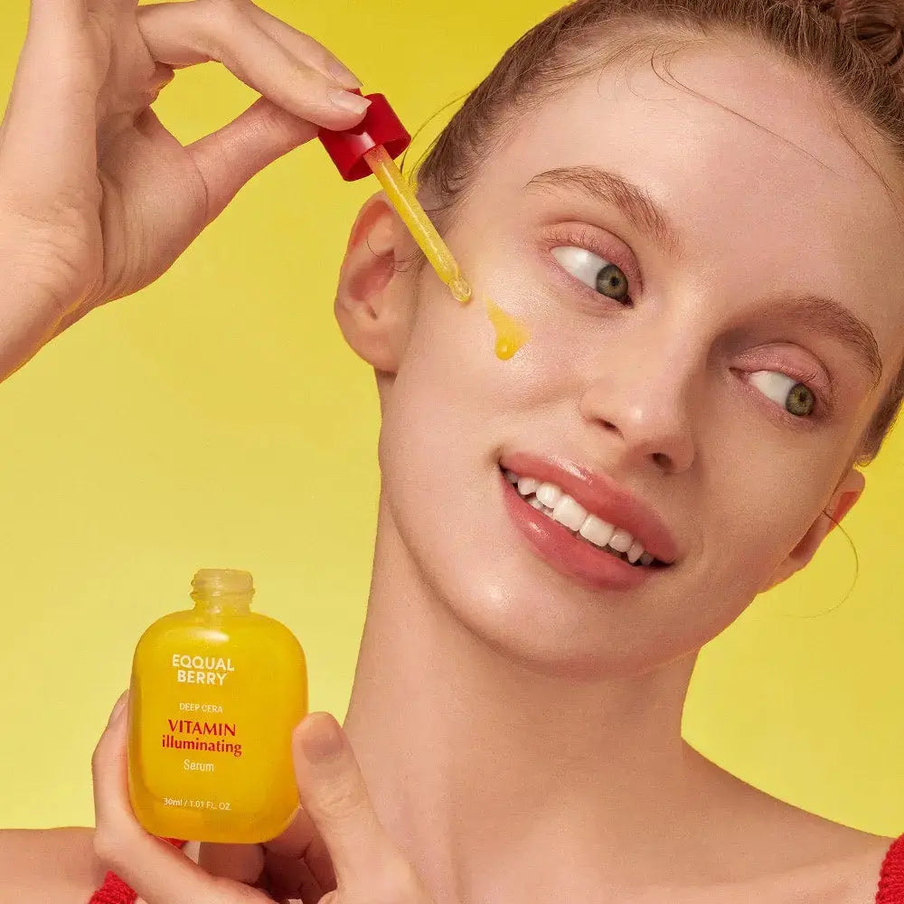 EQQUALBERRY Vitamin illuminating face serum in 30ml bottle, featuring a clear glass container with a dropper applicator.