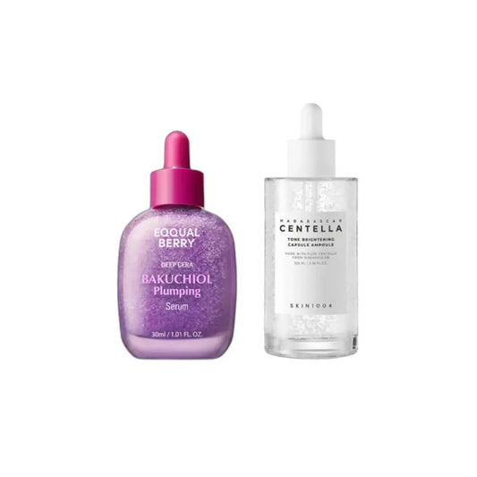 EQQUALBERRY Glow & Firm Duo with brightening and plumping serums, featuring glass bottles with droppers and fresh citrus and botanical accents.