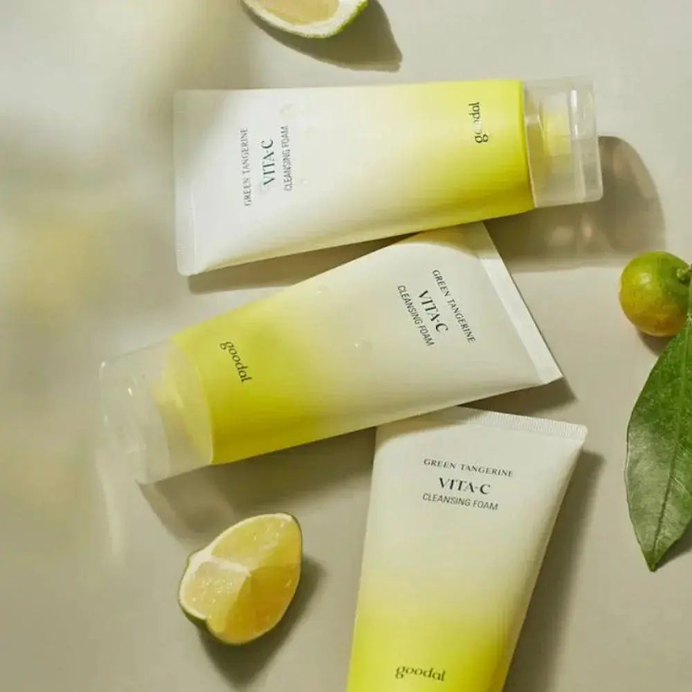 GOODAL Green Tangerine Vita C Cleansing Foam in a 150ml tube, featuring vibrant green tangerine imagery on the packaging.