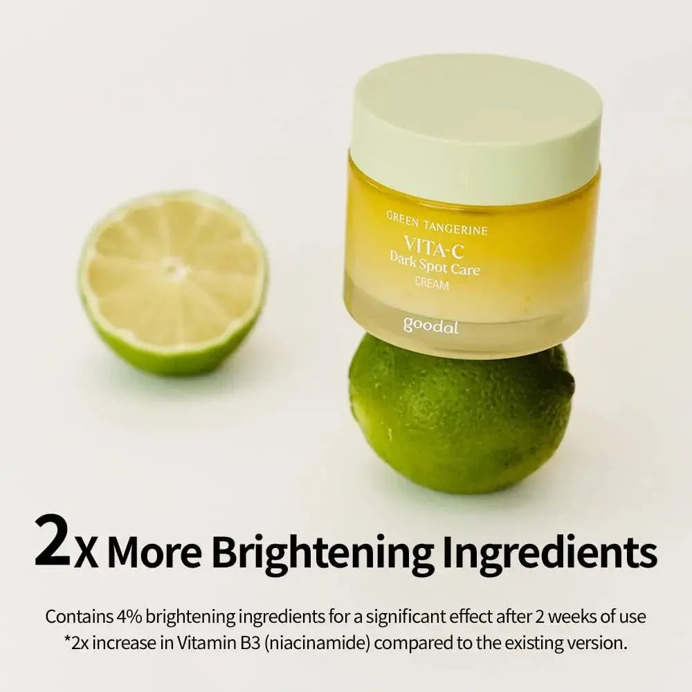 GOODAL Green Tangerine Vita C Dark Spot Care Cream 50ml jar showing bright orange cream with green tangerine extract label