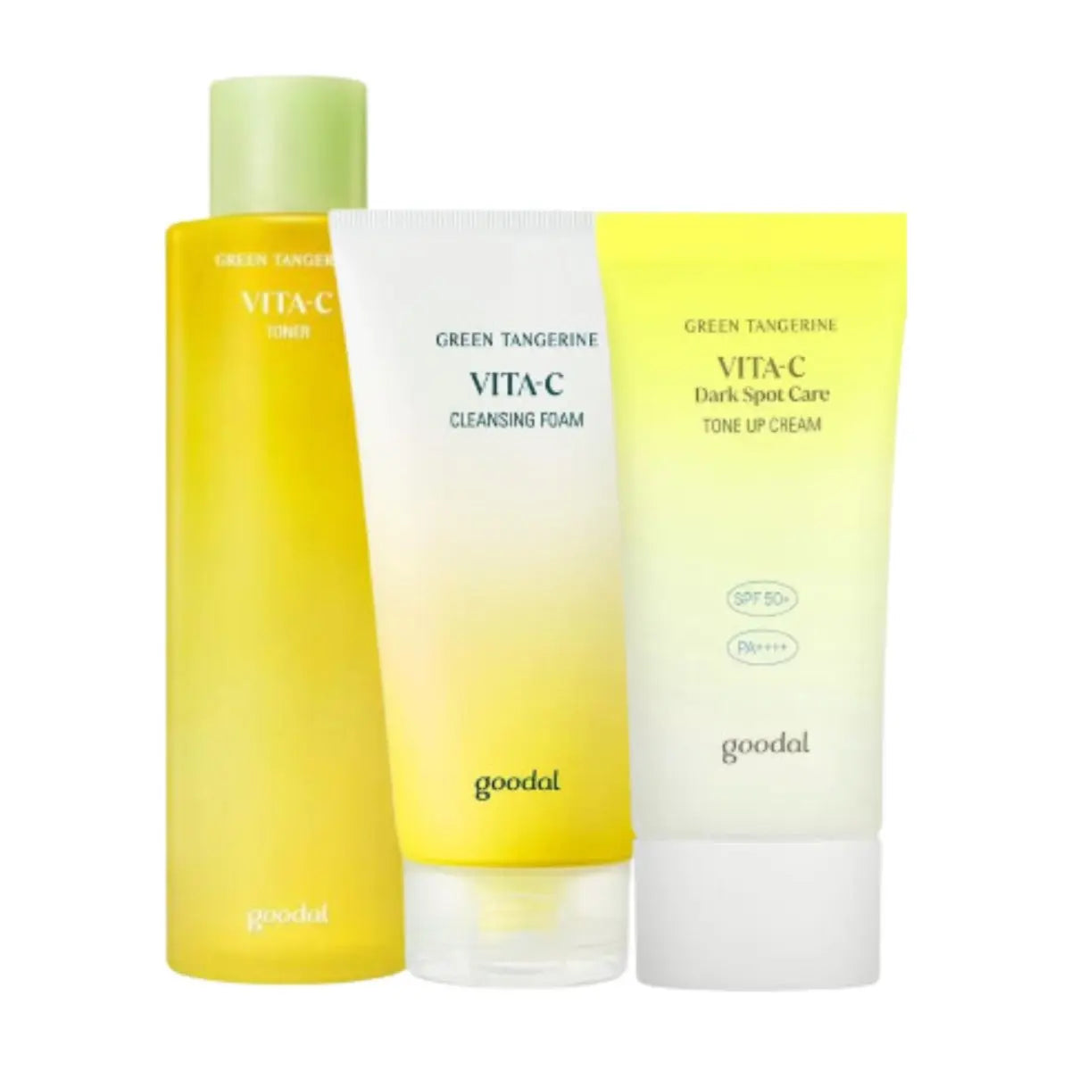 Goodal toner, cleansing foam, and cream set displayed with bottles and jars in a skincare product image