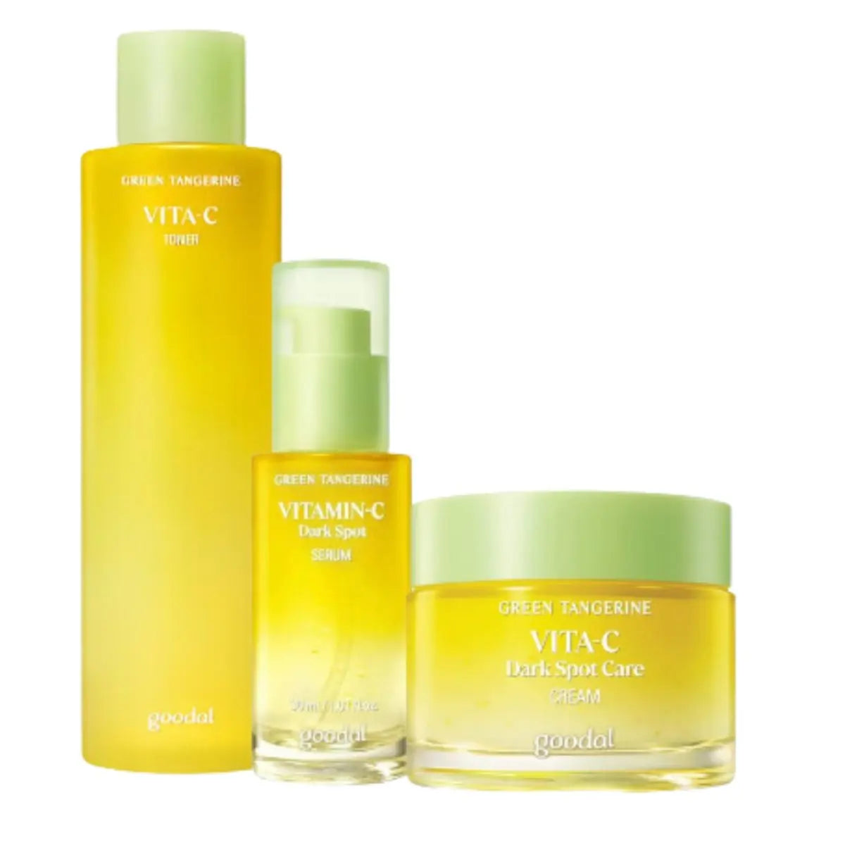Goodal toner, serum, and cream set shown in clear containers with label details, perfect for hydrating and nourishing skin.