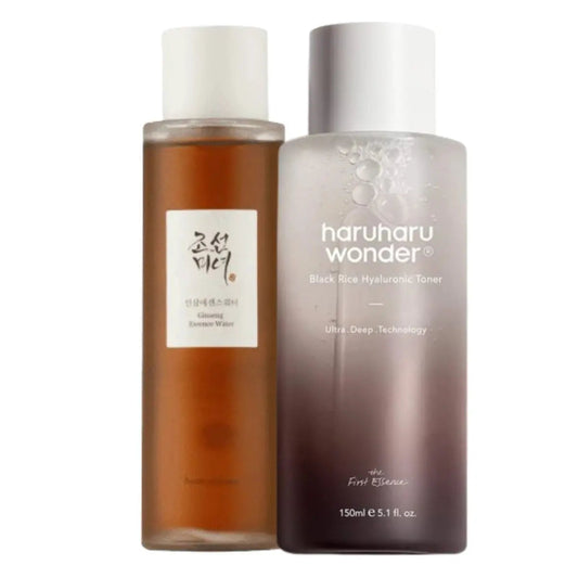 Skincare set with Haru Haru Wonder Black Rice Toner and Beauty of Joseon Ginseng Essence Water, featuring bottles and packaging.