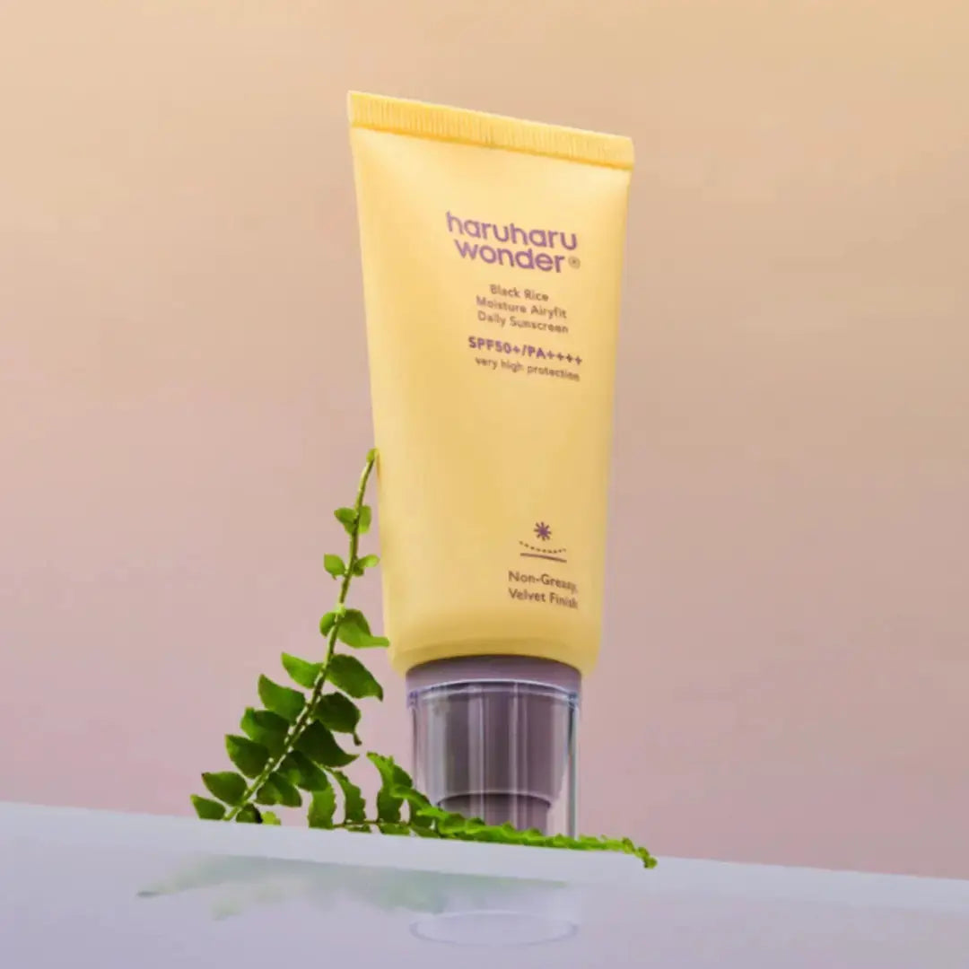 Haruharu Wonder Black Rice Moisture Airyfit Sunscreen 50ml bottle with black and white packaging and sunscreen label visible