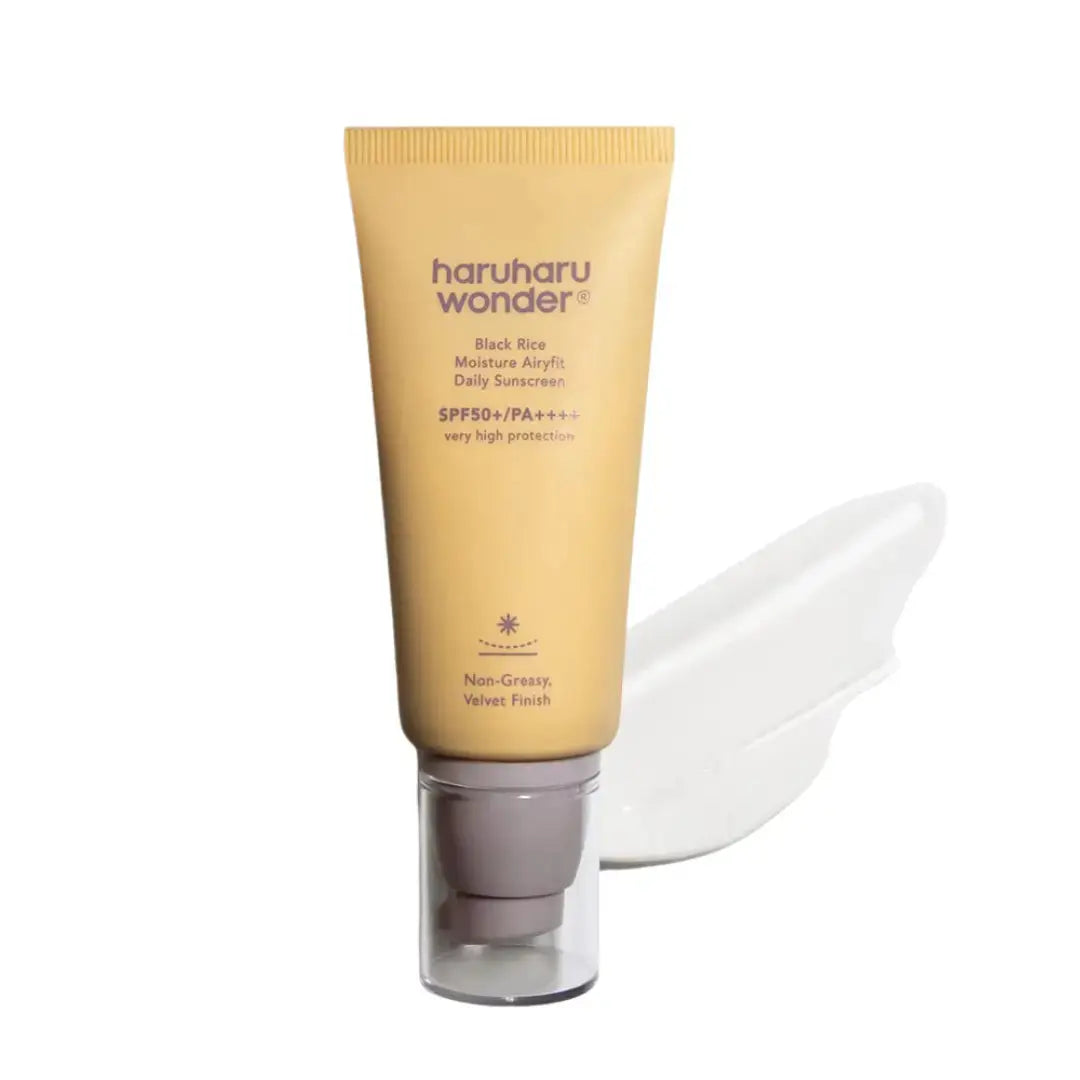 Haruharu Wonder Black Rice Moisture Airyfit Sunscreen 50ml bottle with black rice branding and sleek packaging.