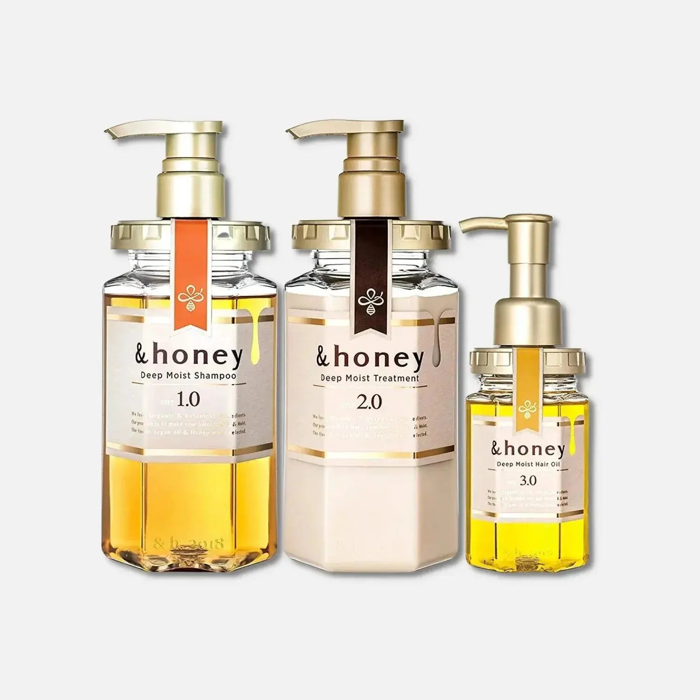 & Honey Deep Moist Shampoo, Treatment, and Hair Oil set showing bottles with honey-themed packaging for nourishing hair care.