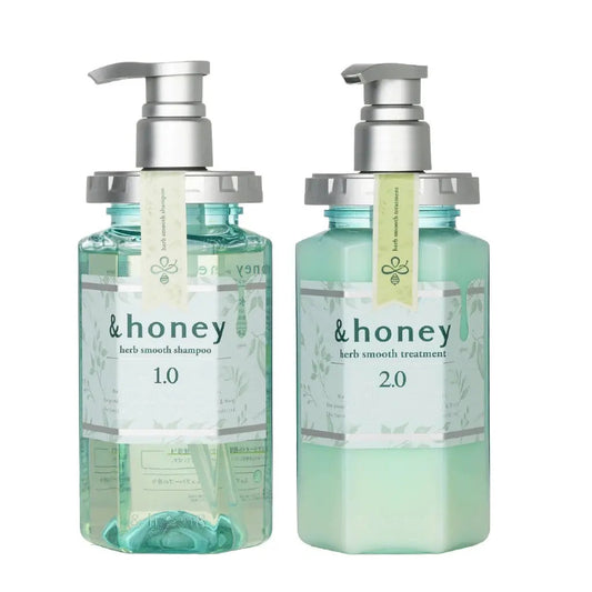 & Honey Herb Smooth Shampoo and Conditioner set, natural beauty hair care products with honey and herbal ingredients.