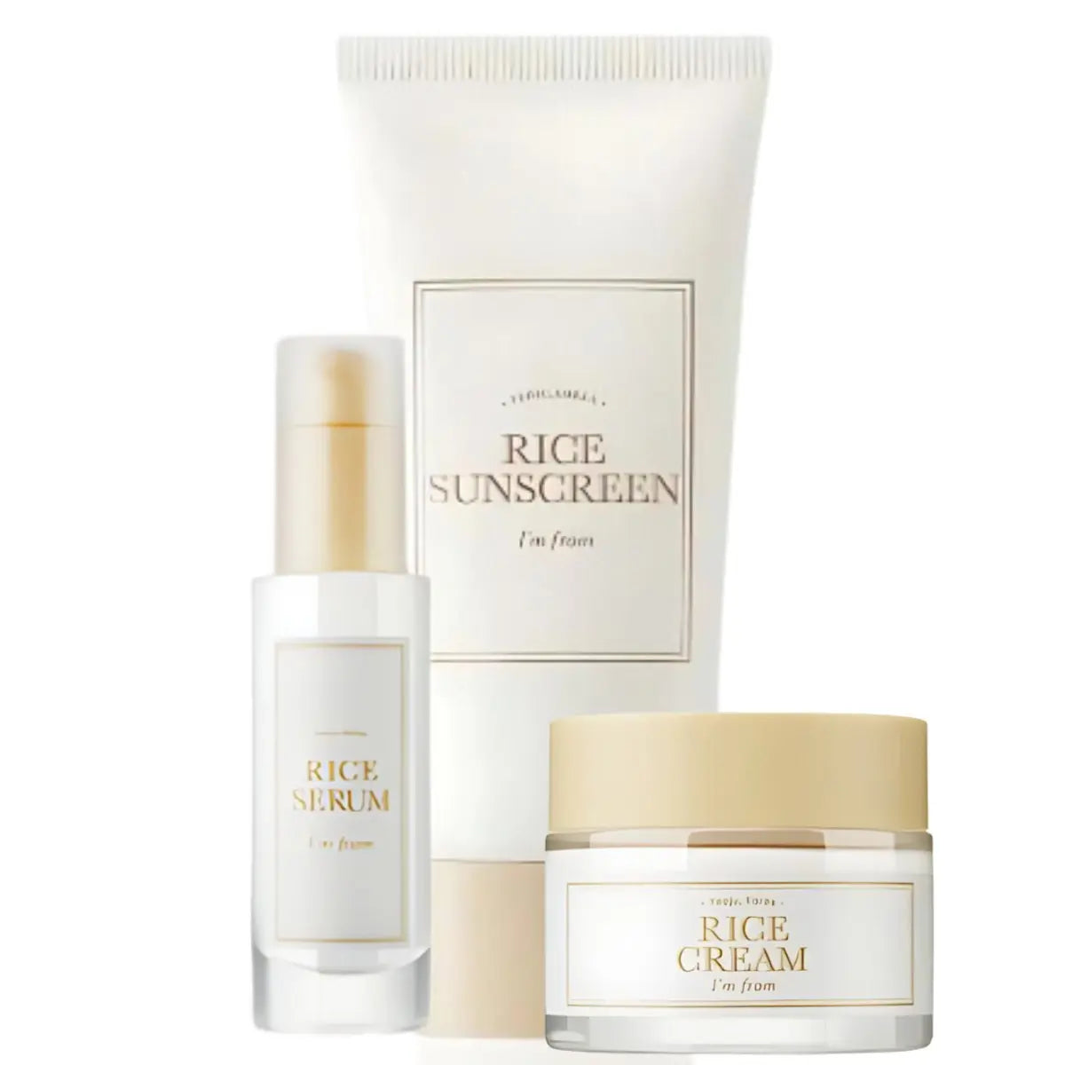 I'm From Rice Serum, Cream, and Sunscreen set showing the skincare products arranged together in a natural setting.