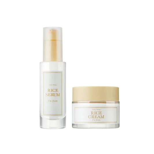 I’m From Rice Serum and Cream set showing the serum bottle and cream jar, highlighting nourishing skincare for bright, hydrated skin.
