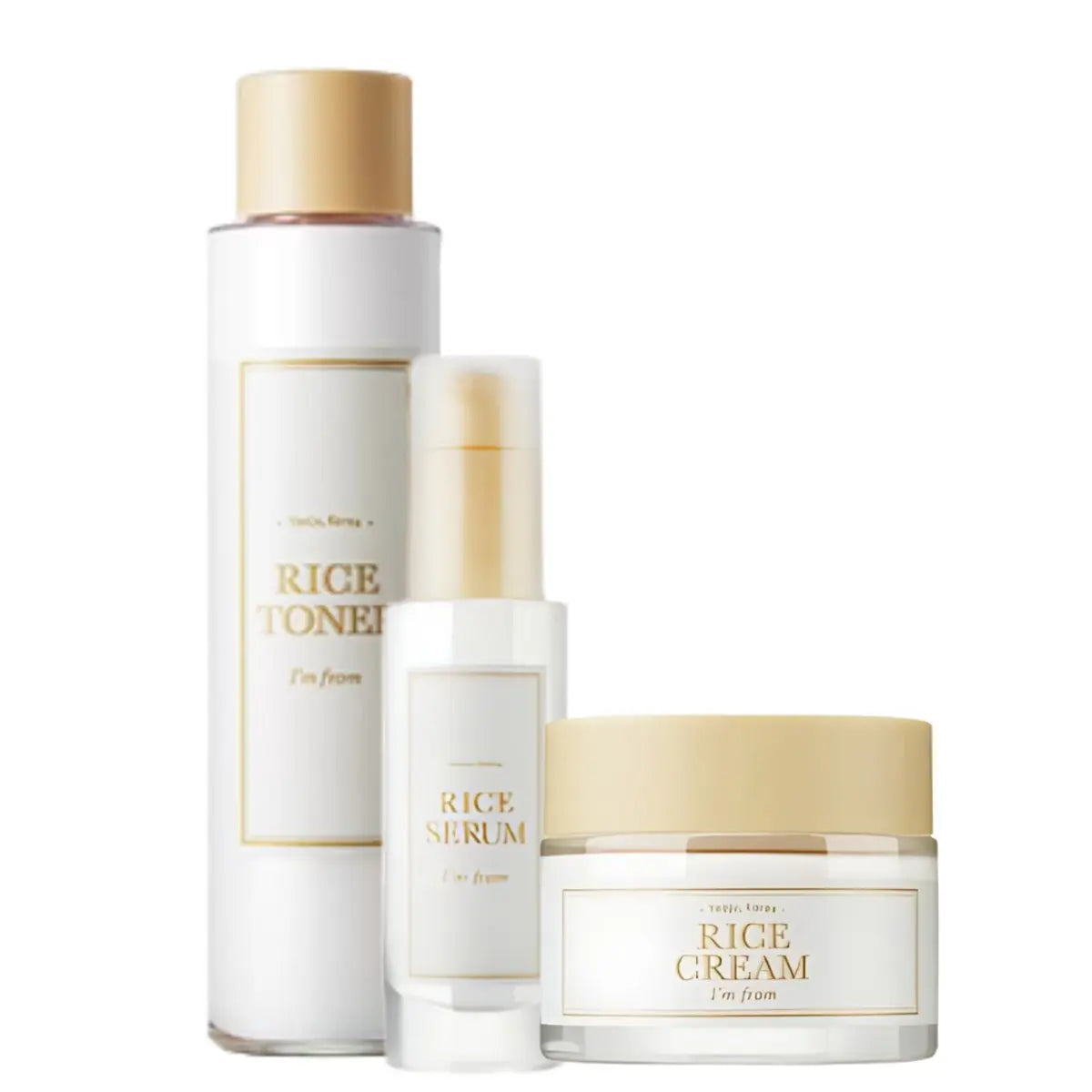 I'm From toner, serum, and cream set showing three skincare products with white labels and minimalist packaging.