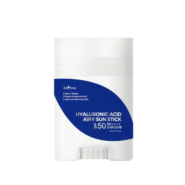 ISNTREE Hyaluronic Acid Airy Sun Stick 22 ml, close-up of the lightweight sunscreen stick with hydrating formula and clear packaging
