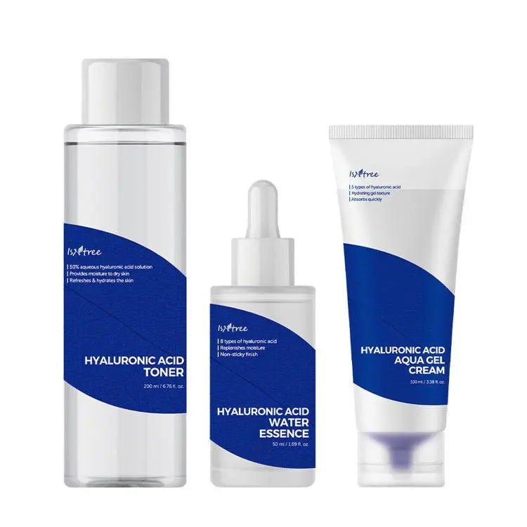 Isntree Hyaluronic Acid Moisture Skincare Set with hydrating serums and creams, featuring clear bottles and packaging for deep hydration.