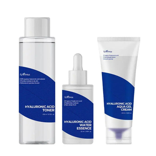 Isntree Hyaluronic Acid Moisture Skincare Set with hydrating serums and creams, featuring clear bottles and packaging for deep hydration.
