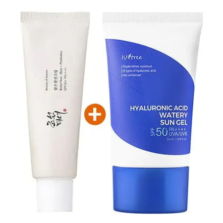 Set of two sunscreens including Isntree Hyaluronic Acid Sun Gel and Beauty of Joseon Relief Sun Cream, moisturizing sun protection.