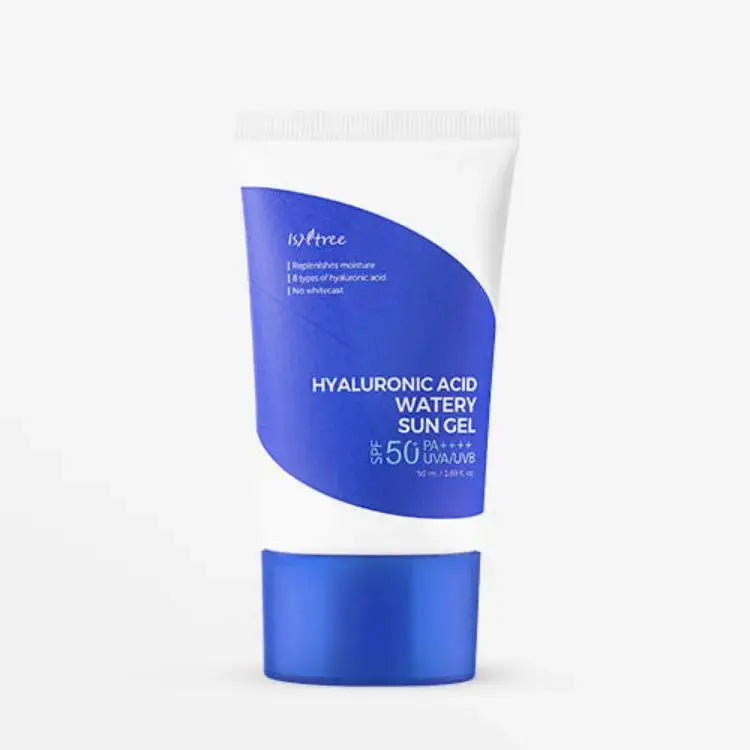 ISNTREE Hyaluronic Acid Watery Sun Gel 50ml, clear lightweight sunscreen with hydrating formula in a jar