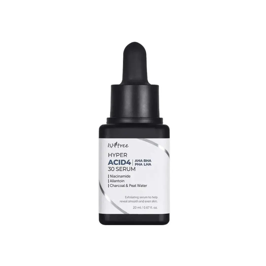ISNTREE Hyper Acid4 30 Serum in a 20ml bottle, featuring clear liquid and minimalist branding on the packaging.