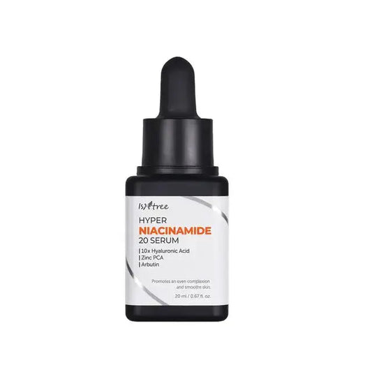 ISNTREE Hyper Niacinamide 20 Serum in a 20ml bottle, featuring clear liquid and white dropper cap for skincare use