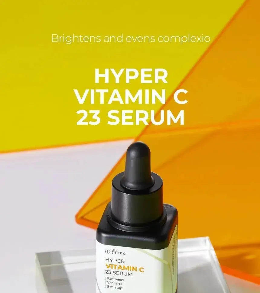 ISNTREE Hyper Vitamin C 23 Serum in a 20ml bottle, featuring clear liquid and a white dropper cap, designed for brightening skin.