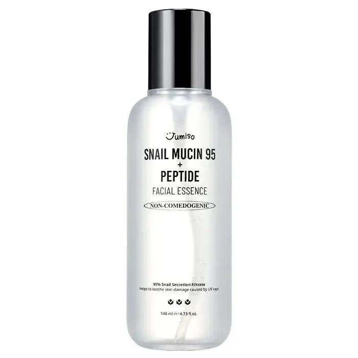 JUMISO Snail Mucin 95+ Peptide Facial Essence bottle, 140ml, with clear label showing product name and brand on a white background.