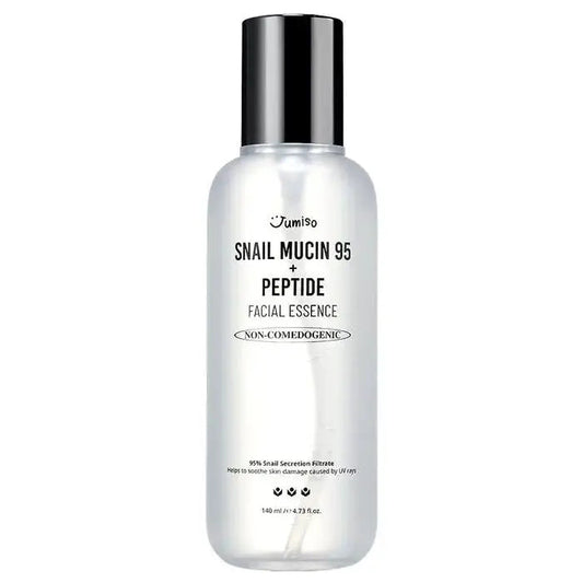 JUMISO Snail Mucin 95+ Peptide Facial Essence bottle, 140ml, with clear label showing product name and brand on a white background.