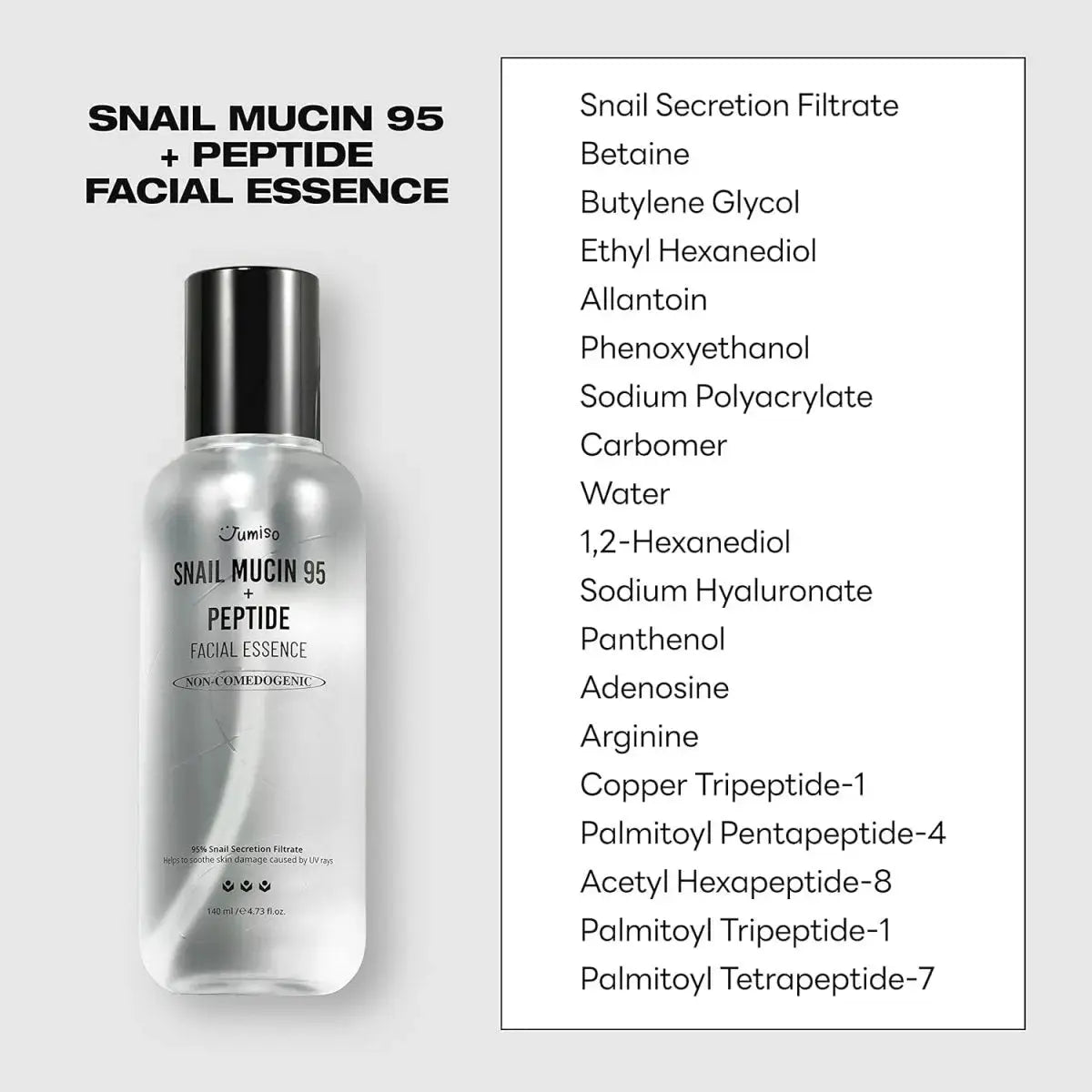 JUMISO Snail Mucin 95 + Peptide Facial Essence bottle, 140ml, with clear label and pump dispenser, for nourishing skincare.