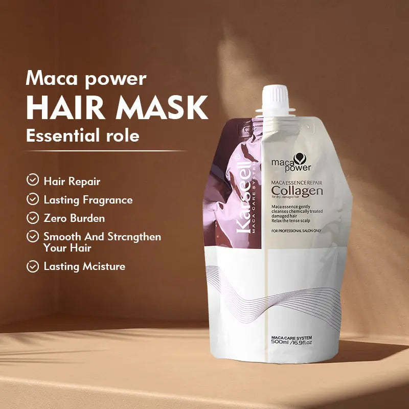 KARSEELL Collagen Hair Treatment bag 500 ML, white and blue packaging with images of healthy, shiny hair.