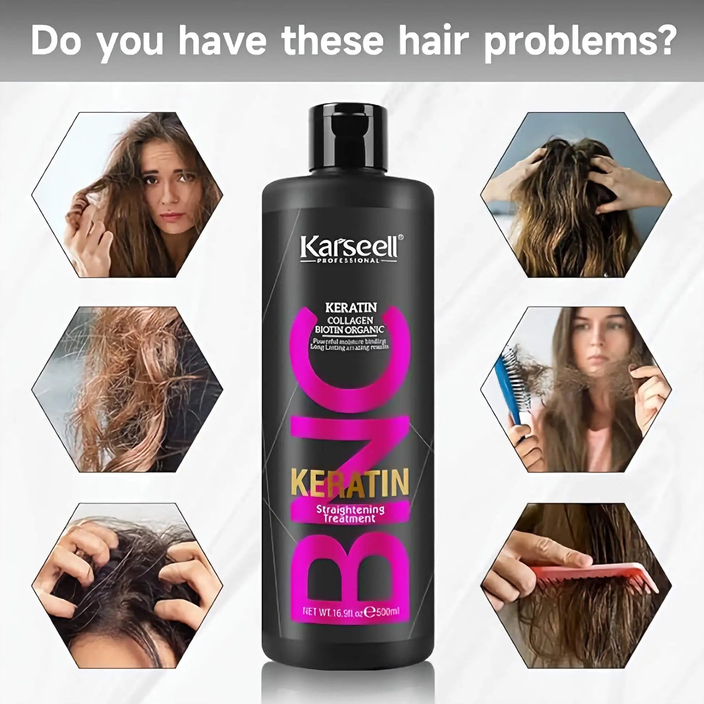 KARSEELL Brazilian Keratin Treatment Complex Blowout Conditioner with collagen and biotin for organic hair straightening, 500 ml bottle.