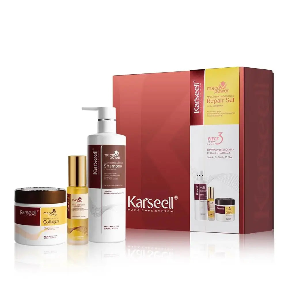 KARSEELL Maca Essence Moisturizing Repair Set including shampoo, essence oil, and collagen hair mask for nourishing hair.