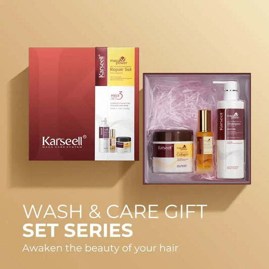 KARSEELL Maca Essence Moisturizing Repair Set with shampoo, essence oil, and collagen hair mask for nourishing hair care.