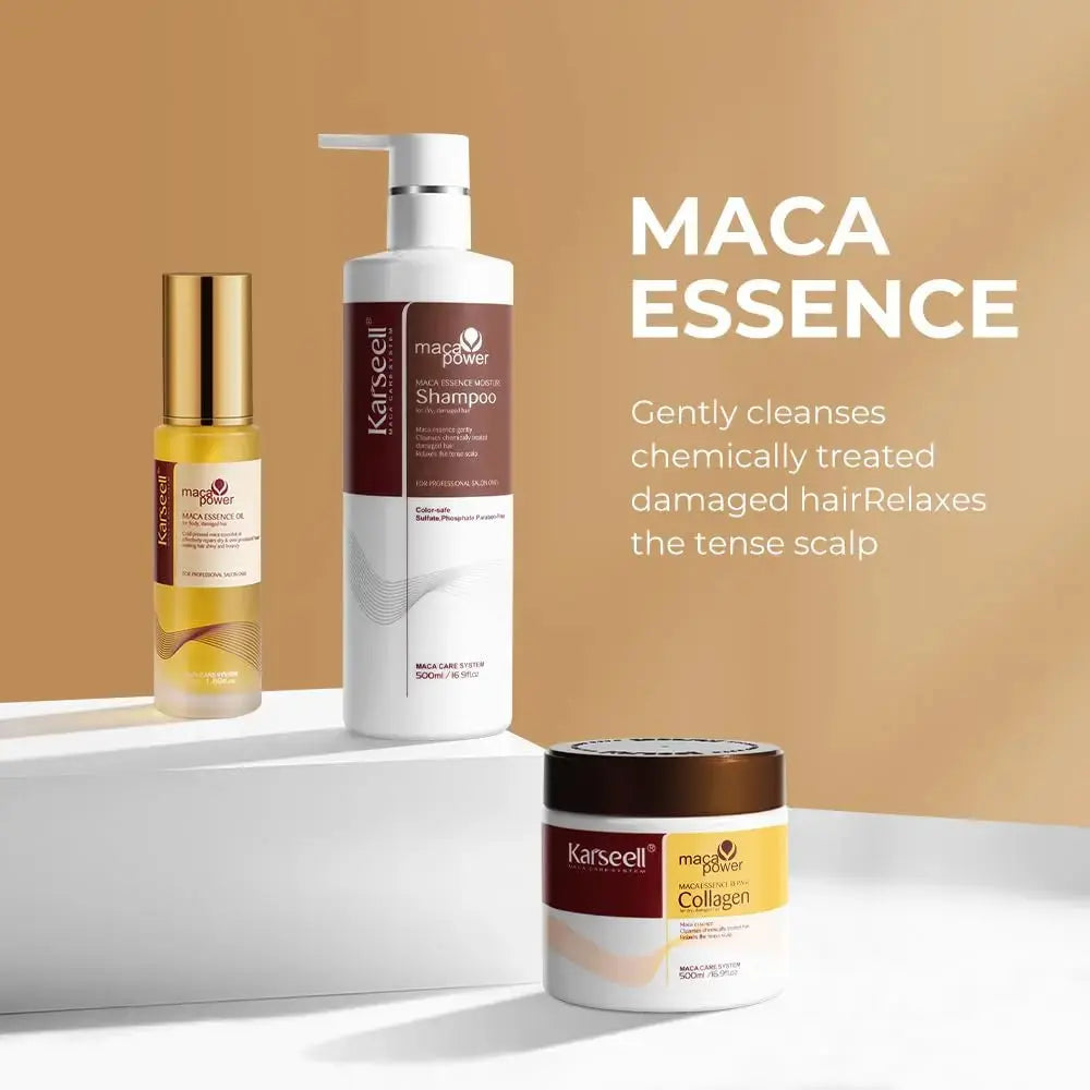 KARSEELL Maca Essence Moisturizing Repair Set with shampoo, essence oil, and collagen hair mask for healthy, hydrated hair.