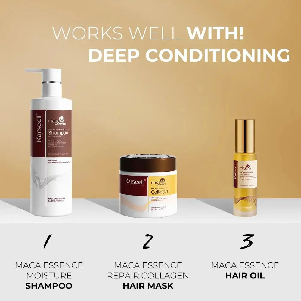 KARSEELL Maca Essence Moisturizing Repair Set with shampoo, essence oil, and collagen hair mask for nourishing hair care.