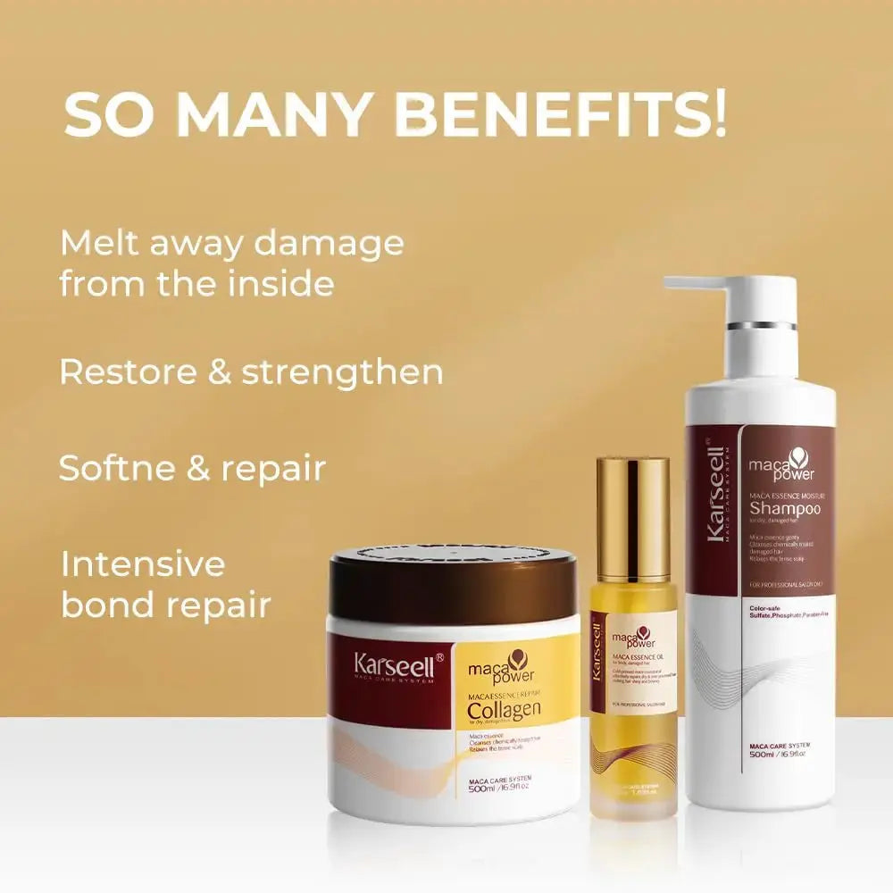 KARSEELL Maca Essence Moisturizing Repair Set with shampoo, essence oil, and collagen hair mask for nourishing hair care.