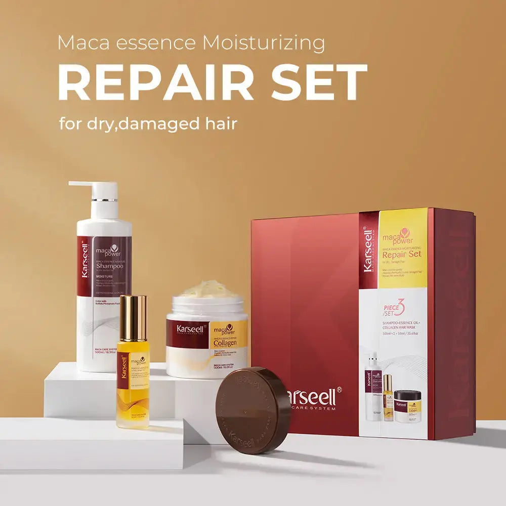 KARSEELL Maca Essence Moisturizing Repair Set with shampoo, essence oil, and collagen hair mask for nourishing hair care.
