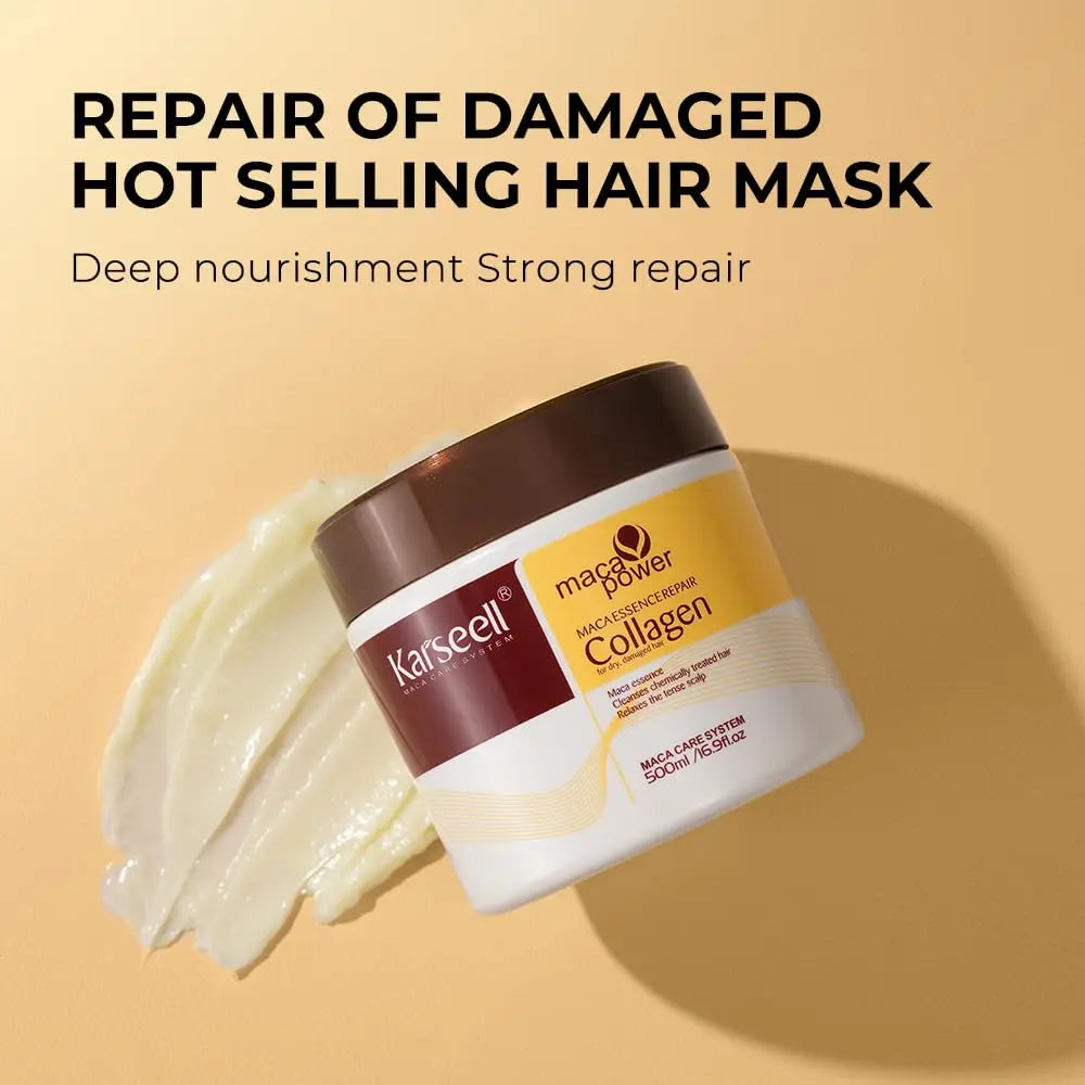 KARSEELL Maca Essence Power Collagen Hair Mask 500ml and Argan Oil 50ml repair set, featuring nourishing hair mask and oil bottles.