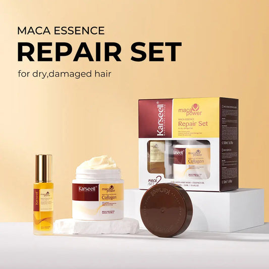 KARSEELL Maca Essence Power Collagen Hair Mask and Argan Oil Repair Set, 500ml and 50ml bottles, nourishing hair treatment.