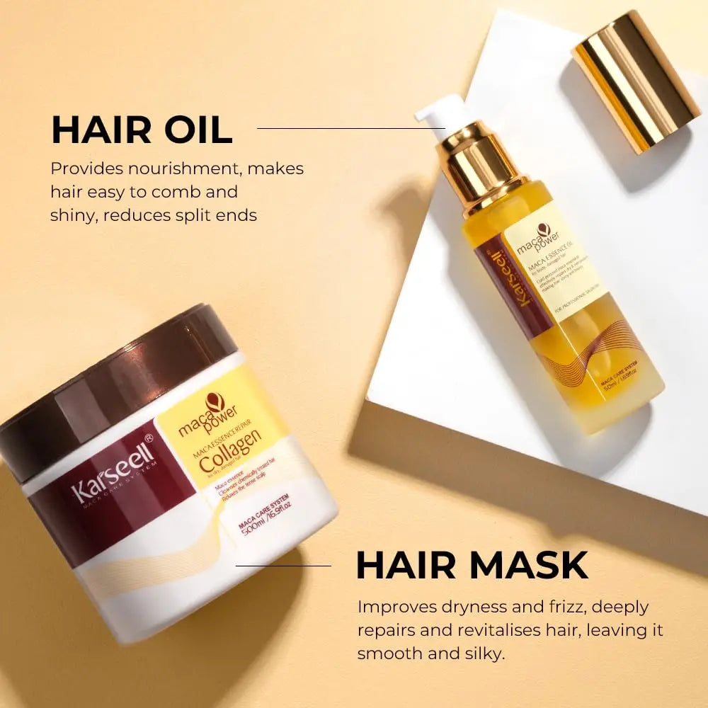KARSEELL Maca Essence Power Collagen Hair Mask and Argan Oil repair set, 500 ML and 50 ML bottles, for nourishing and strengthening hair.