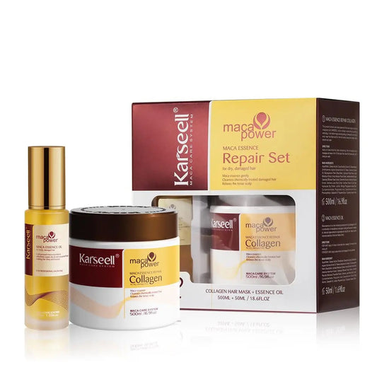 KARSEELL Maca Essence Power Collagen Hair Mask 500ml and Argan Oil 50ml repair set with nourishing hair treatment and oil.